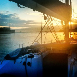 Sailing out of Venice at sunrise.